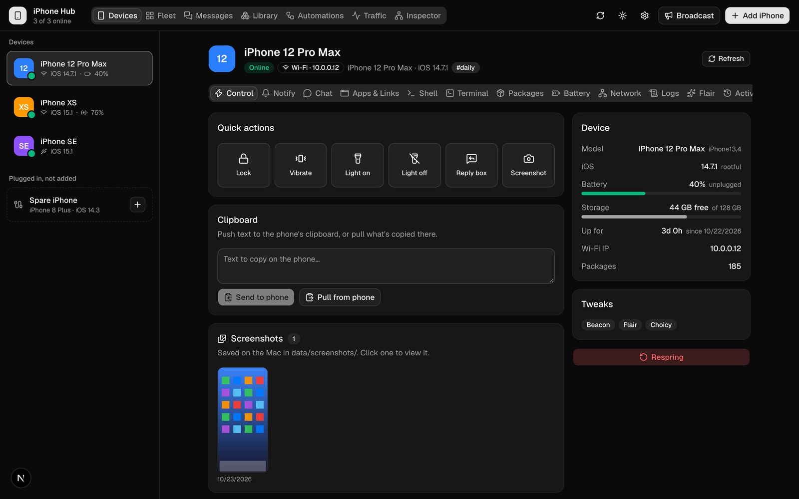 iPhone Hub dashboard showing device controls