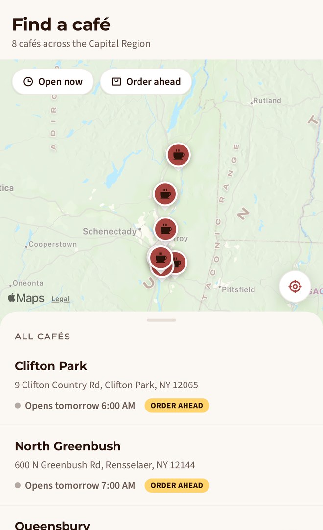 Map of Uncommon Grounds cafés with opening hours