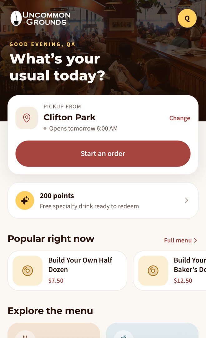 Uncommon Grounds app home screen with pickup café and rewards