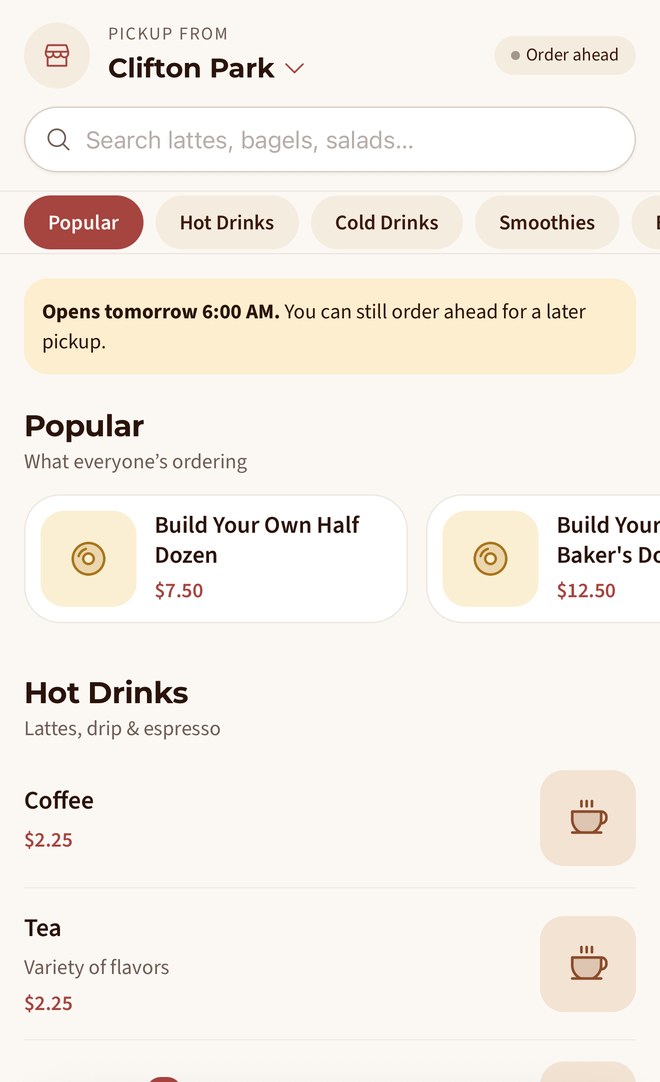 Café menu with hot drinks, bagels and smoothies