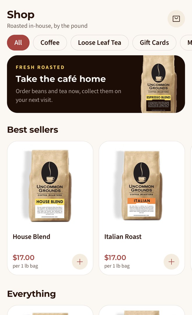 Retail shop selling coffee beans by the pound