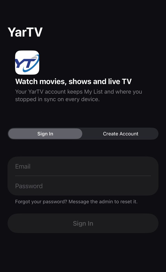 YarTV iPhone app sign-in screen